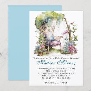 Invitation Chic Bleu & Violet Floral Jardin Chaise Baby Showe