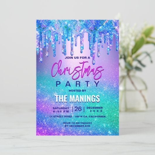Invitation Chic bleu violet ombre parties scintillant gouttes (Debout devant)