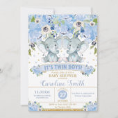 Invitation Chic Blue Floral Elephant Twins Baby shower Boys (Devant)