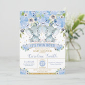 Invitation Chic Blue Floral Elephant Twins Baby shower Boys (Debout devant)