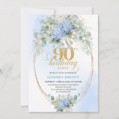 Invitation Chic Blue Floral Eucalyptus Gold 90th Birthday  (Devant)
