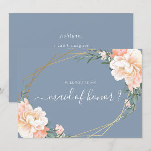 Invitation Chic Blue Floral Gold vous serez ma femme d'honneu