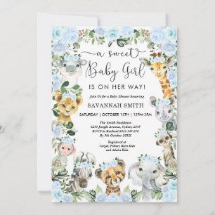 Invitation Chic Blue Floral Safari Animaux Fille Baby shower