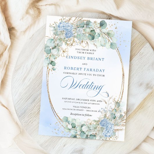Invitation Chic Blue Floral Wheat Gold Oval Wedding Invite