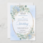 Invitation Chic Blue Floral Wheat Gold Oval Wedding Invite (Devant)