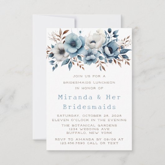 Invitation Chic Blue Flower Bridesmaigre Déjeuner (Devant)