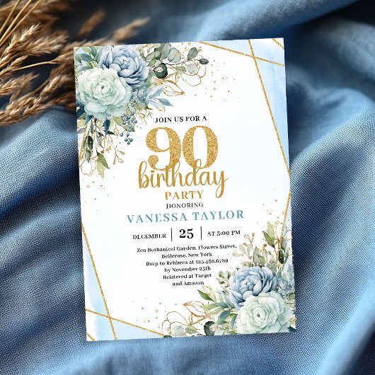 Invitation Chic Blue Flowers Gold 90th Birthday Party Invite