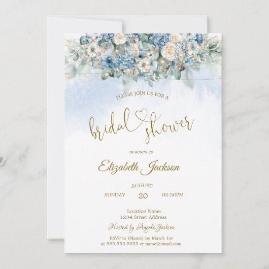 Invitation Chic Blue Flowers String Lights Bridal Shower (Devant)