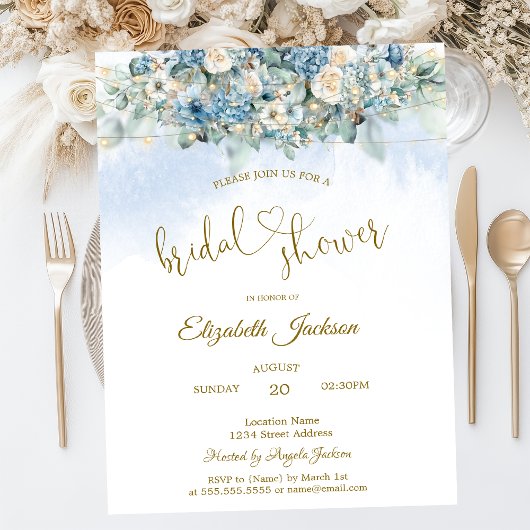 Invitation Chic Blue Flowers String Lights Bridal Shower