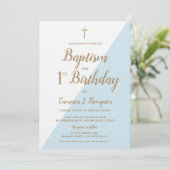 Invitation Chic Blue Gold Cross Baptême et 1er anniversaire (Debout devant)