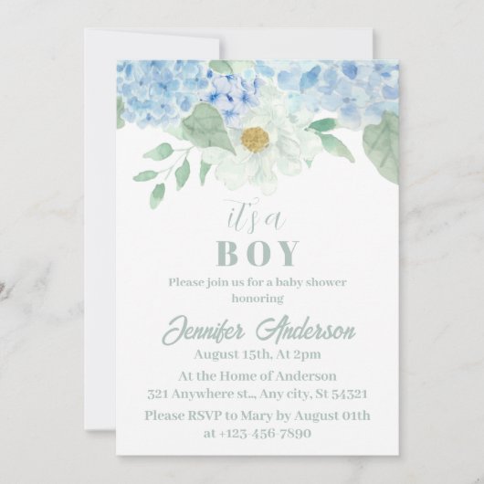 Invitation Chic Blue Hydrangea C'est un Baby shower garçon (Devant)