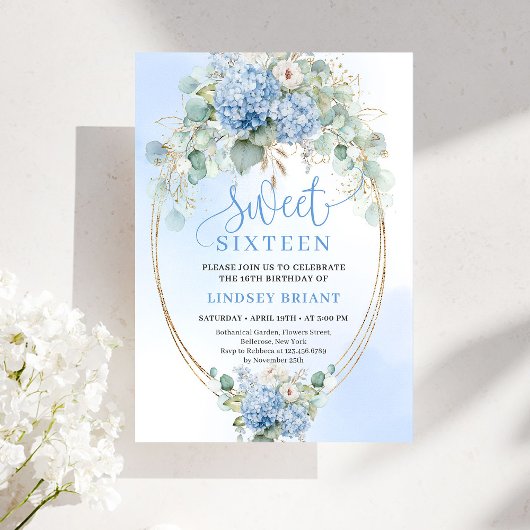 Invitation Chic Blue Hydrangea Eucalyptus Gold 16th Birthday