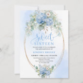 Invitation Chic Blue Hydrangea Eucalyptus Gold 16th Birthday (Devant)