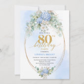 Invitation Chic Blue Hydrangea Eucalyptus Gold 80th Birthday (Devant)