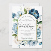Invitation Chic Blue Navy tout en 1 Budget QR Code Mariage (Devant)