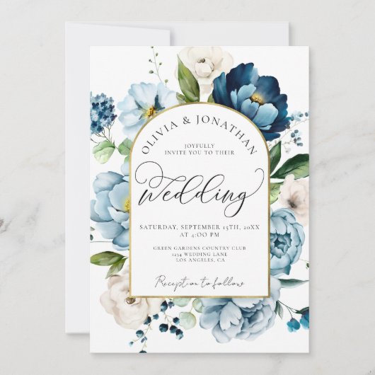 Invitation Chic Blue Navy tout en 1 Budget QR Code Mariage (Devant)