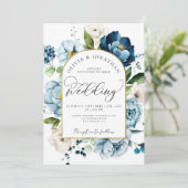 Invitation Chic Blue Navy tout en 1 Budget QR Code Mariage (Debout devant)