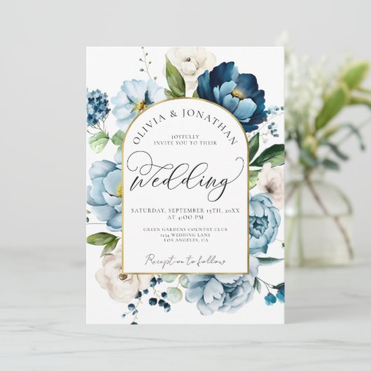 Invitation Chic Blue Navy tout en 1 Budget QR Code Mariage (Debout devant)