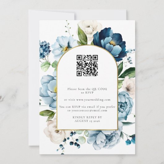 Invitation Chic Blue Navy tout en 1 Budget QR Code Mariage (Dos)