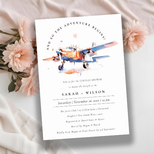 Invitation Chic Blue Orange Blush Avion Couples Douche
