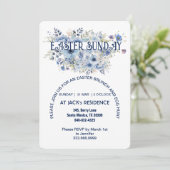 Invitation Chic Blue Pastel Floral Blooms Pâques Dimanche fêt (Debout devant)