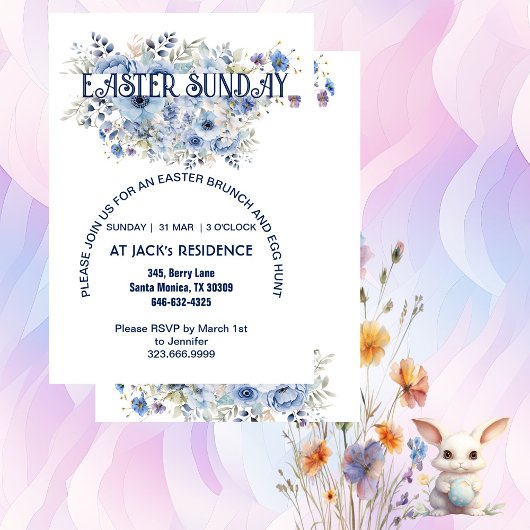 Invitation Chic Blue Pastel Floral Blooms Pâques Dimanche fêt
