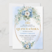 Invitation Chic Blue Peony Gold Script Quinceañera Invite (Devant)