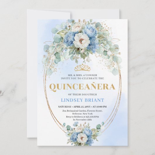Invitation Chic Blue Peony Gold Script Quinceañera Invite (Devant)