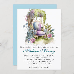 Invitation Chic Blue & Purple Floral Garden Chaise Baby showe