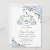 Invitation Chic Blue Roses Princess Carriage Baby shower (Devant)