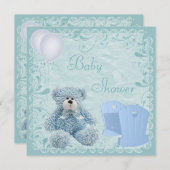 Invitation Chic Blue Teddy & Crib Baby Boy Show (Devant / Derrière)