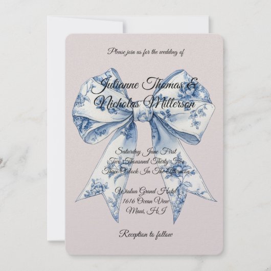Invitation Chic Blue White Bow Blush Pink Wedding (Devant)