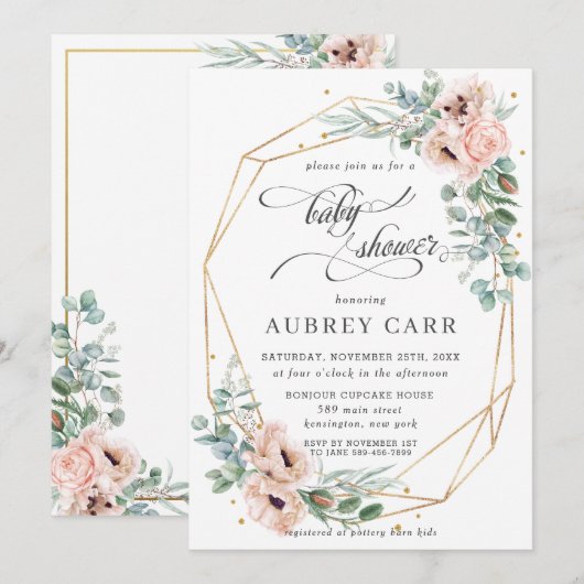 Invitation Chic Blush Baby shower floral géométrique Or (Devant / Derrière)