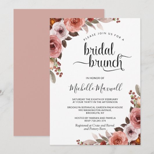 Invitation Chic Blush Burgundy et rose Floral Bridal Brunch (Devant / Derrière)