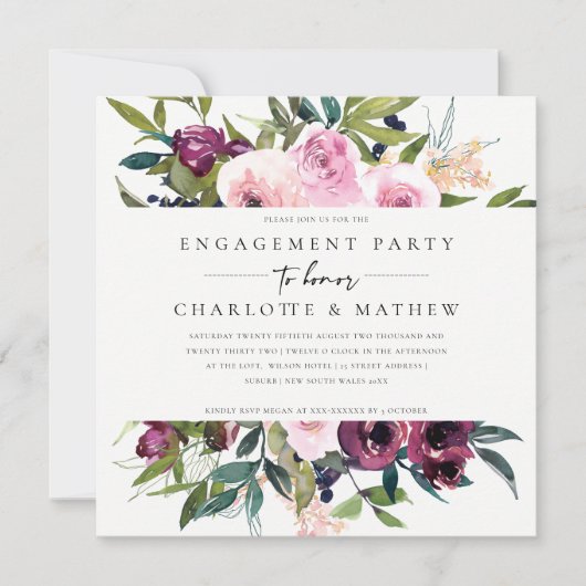 INVITATION CHIC BLUSH BURGUNDY FÊTE DES MARIÉES FLORAL BUNCH (Devant)