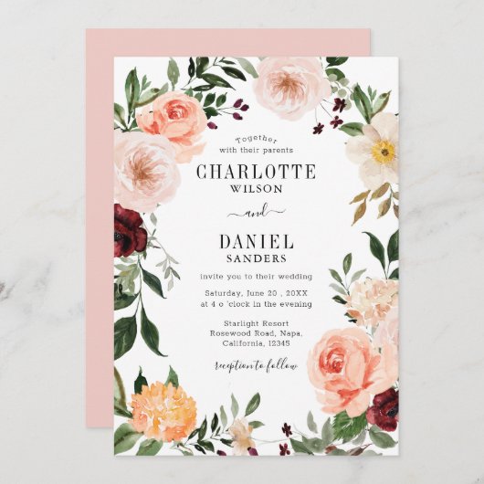 Invitation Chic Blush & Burgundy Floral Frame Mariage (Devant / Derrière)