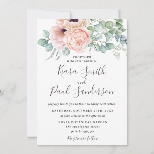 Invitation Chic Blush Dusty Rose Floral Eucalyptus Mariage (Devant)
