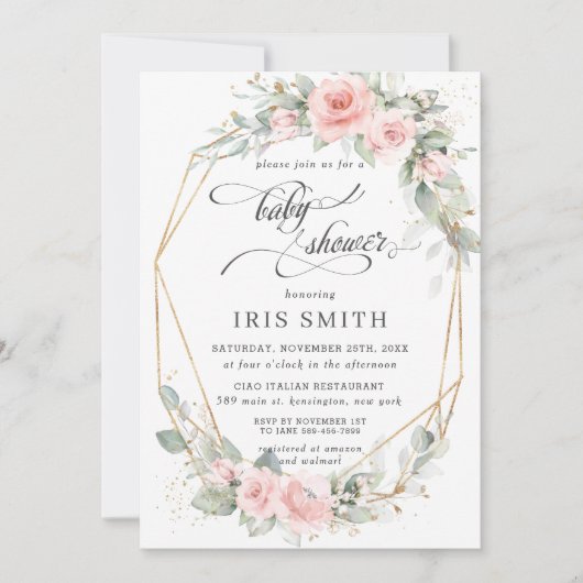 Invitation Chic Blush Floral Baby shower géométrique (Devant)
