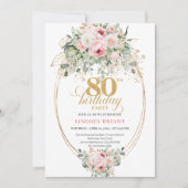 Invitation Chic Blush Floral Greenery Gold 80th Birthday (Devant)
