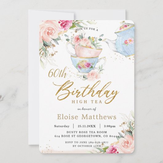 Invitation Chic Blush Floral High Tea 60e fête d'anniversaire (Devant)