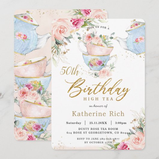 Invitation Chic Blush Floral High Tea Anniversaire Fête TOUT (Devant / Derrière)