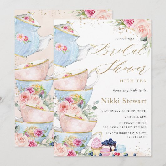 Invitation Chic Blush Floral High Tea Party Fête des mariées (Devant / Derrière)