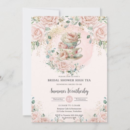 Invitation Chic Blush Floral High Tea Party Fête des mariées (Devant)