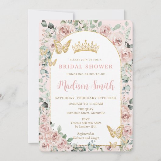 Invitation Chic Blush Floral Papillons Fête des mariées royal (Devant)