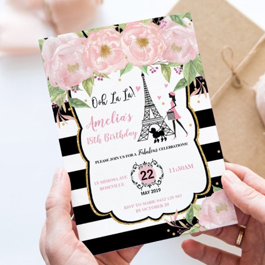 Invitation Chic Blush Floral Paris Anniversaire Tour Eiffel
