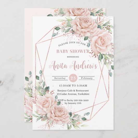 Invitation Chic Blush Floral Rose Baby shower or QR Code (Devant / Derrière)