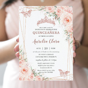 Invitation Chic Blush Floral Rose Gold Butterfly Quinceañera
