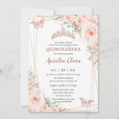 Invitation Chic Blush Floral Rose Gold Butterfly Quinceañera (Devant)