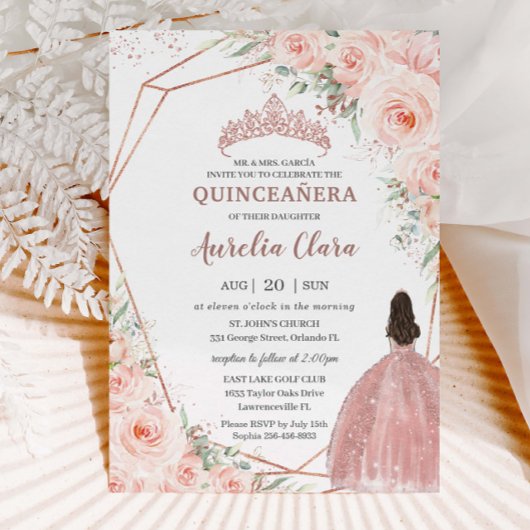 Invitation Chic Blush Floral Rose Gold Quinceañera Princesse
