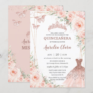 Invitation Chic Blush Floral Rose Gold robe Gown Quinceañera
